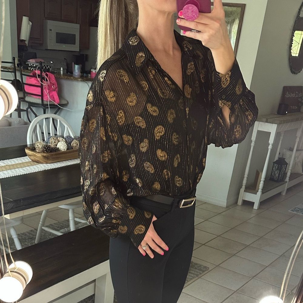 Zara Black & Gold Metallic Paisley Print Button Down Long Sleeve Blouse - Picture 2 of 10